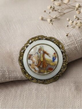 VTG Signed Western Germany Fragonard Porcelain Courting Couple Brooch